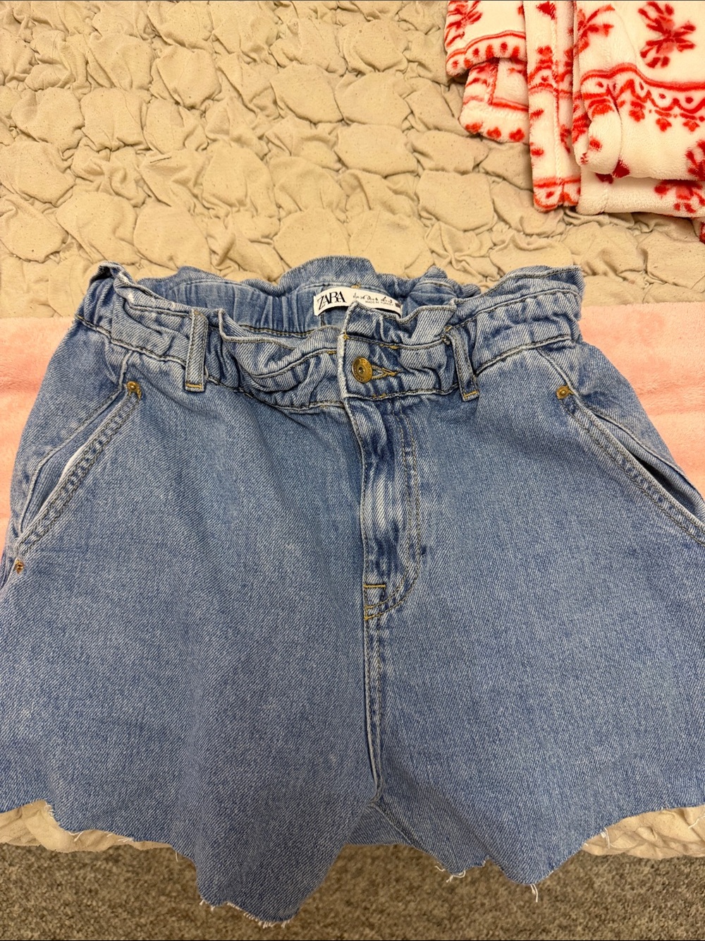 Zara Light Blue High-Rise Paperbag Denim Shorts